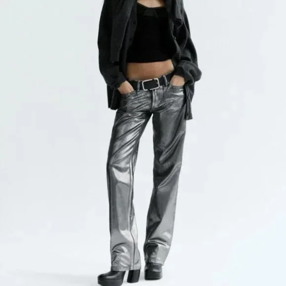 NWT ZARA MID WAIST STRAIGHT LEG FOIL JEANS BLACK - Picture 1 of 6